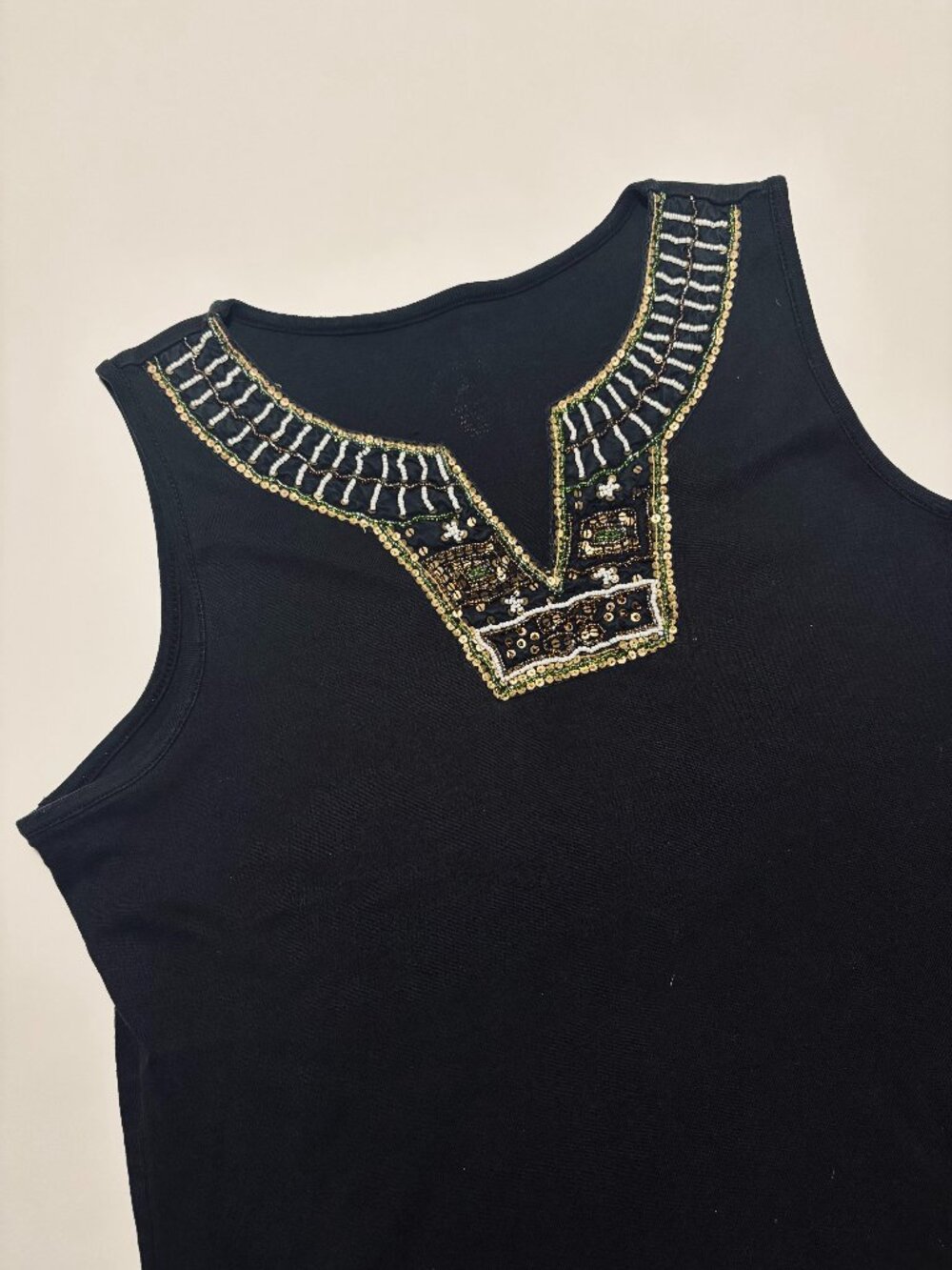 White Stag Black Green & Gold Beaded Boho Cotton Tank Top